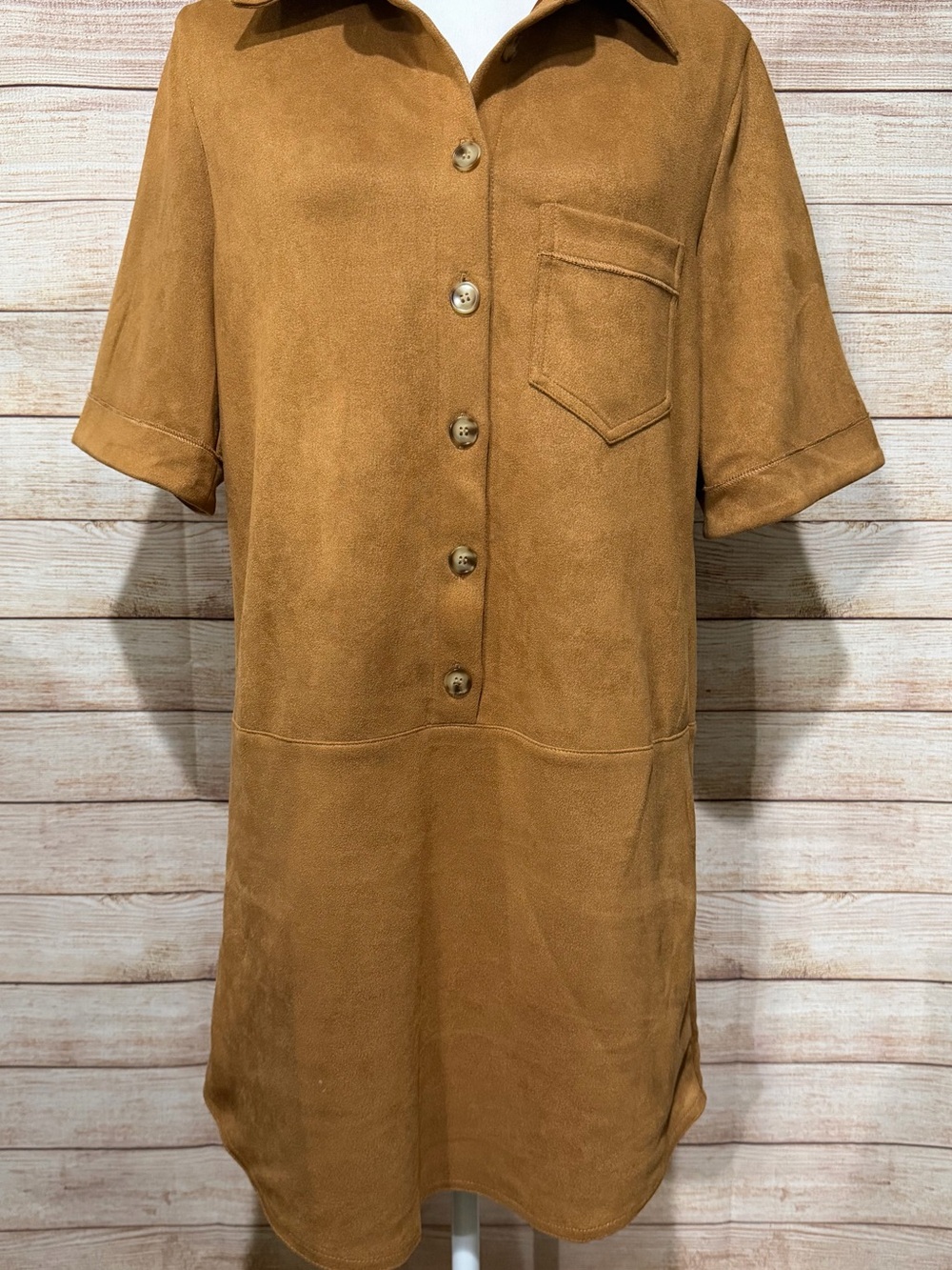 THML Button-Front Dress in Warm Camel Brown Suede